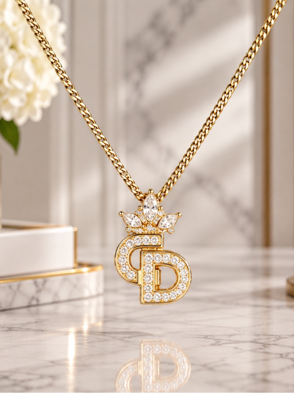 Christian Dior 18K Gold Plated Crystal CD Crown Pendant Necklace